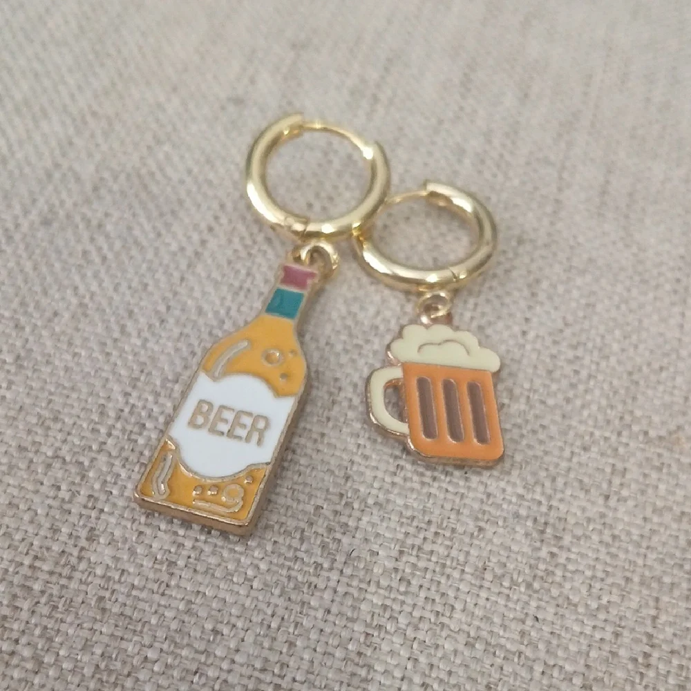 Handmade Gold and Orange Beer Bottle and Mug Earrings